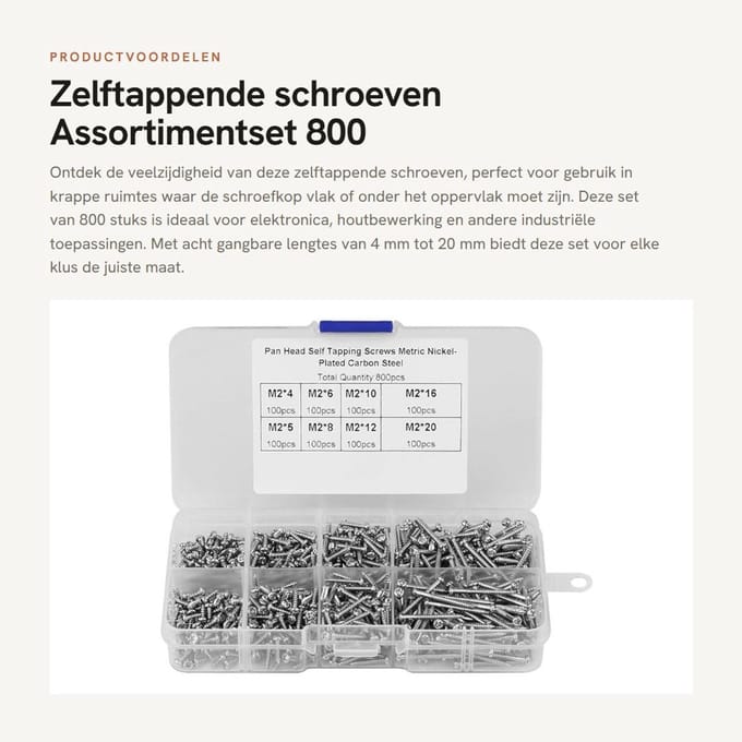 Dailygoods - Zelftappende schroeven - Assortimentset 800 stks - Ideaal voor elektronica - Multifunctionele schroeven - Geschikt voor diverse materialen