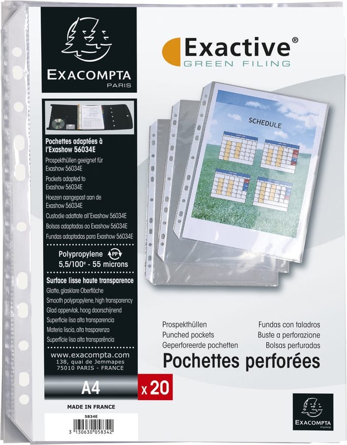 Exacompta 5x Exactive® Pak van 20 geperforeerde showtassen - gladde PP 5,5/100ste - A4 - Transparant - 5834E