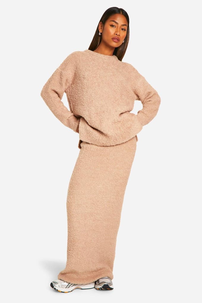 boohoo Dames Borg Gebreide Loszittende Maxi Rok | Camel | Maat: Medium