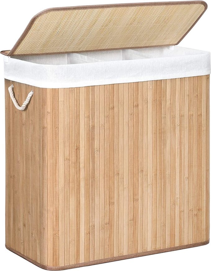Songmics - Wasmand van bamboe met 3 compartimenten, deksel en handvatten, 150L - L60 x H61,5 cm