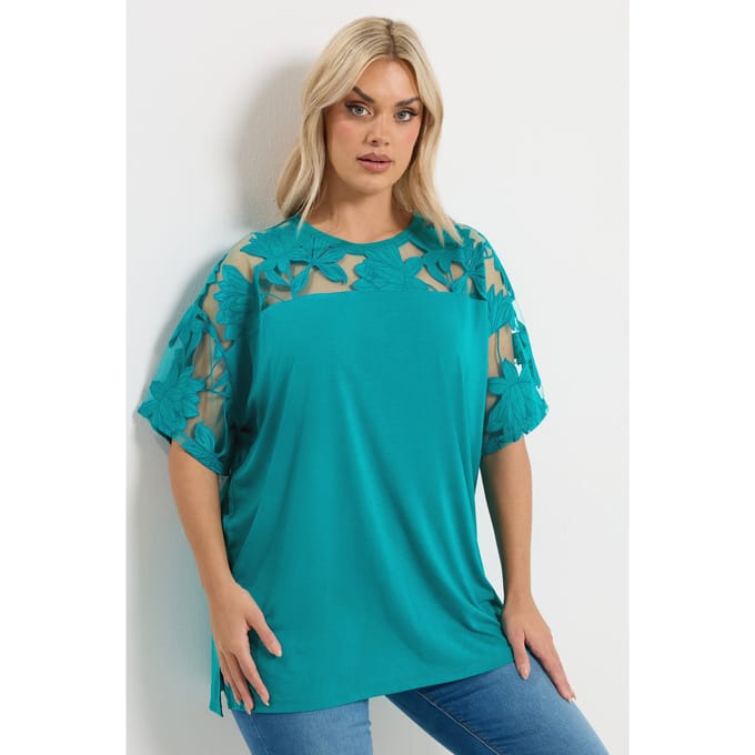 Yours Turquoise Blauwe Boxy Tshirt Met Bloemen Burnout Size 46