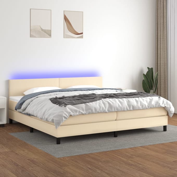 vidaXL - Boxspring - met - matras - en - LED - stof - crèmekleurig - 200x200 - cm