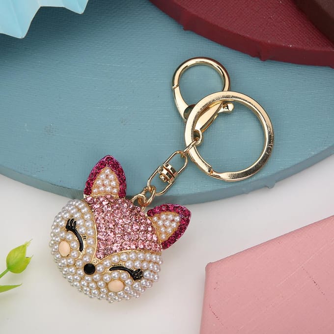 Porte-clés Tête de Renard Strass Rose Décoratif Protection de l'Environnement Électroplaqué Chaîne de Clés beige