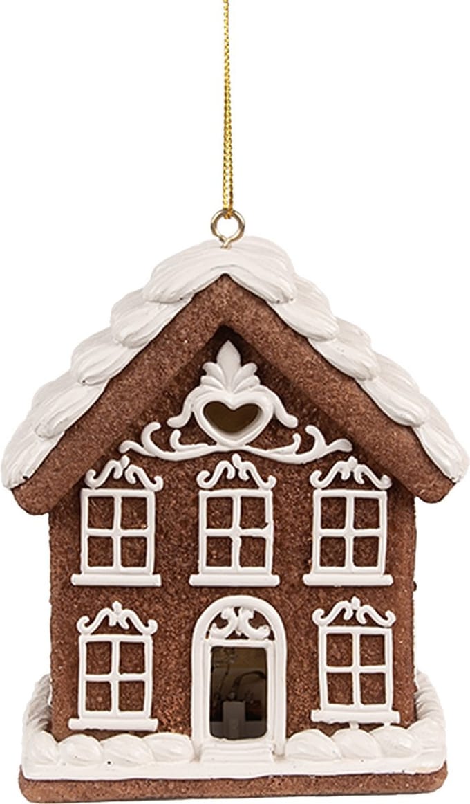 Clayre & Eef Kersthanger met LED Gingerbread house 9x6x10 cm Bruin Polyresin