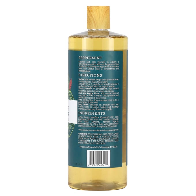 Dr. Jacobs Naturals, Savon de Castille botanique pur tout-en-un, huile essentielle de menthe poivrée, 940 ml (946ml) gray