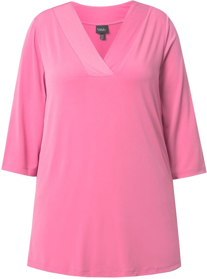 Ulla Popken - Dames - Longshirt A-lijn V-hals 3/4-mouwen - Lichte bes - Maat 54+