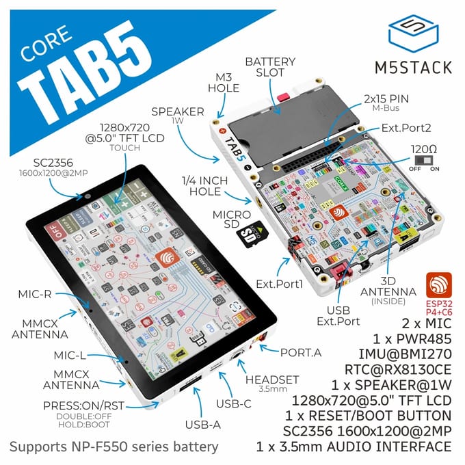 M5Stack officiële Tab5 IoT-controller/ontwikkelingskit (ESP32-P4) - zonder batterij