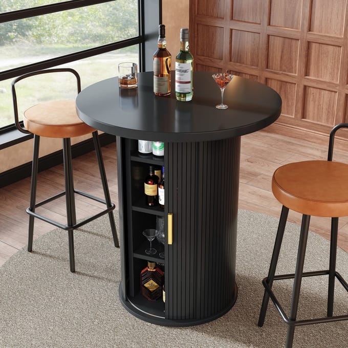 PHOEBE CAT Ronde bartafel - Eettafel - Diameter 60 cm - Opbergruimte - MDF - Zwart