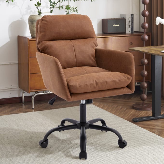 MODENUIT Bureaustoel Verstelbare Zithoogte - Ergonomische Rugleuning - Voor Bureau En Kaptafel - PU-Kunstleer Bruin