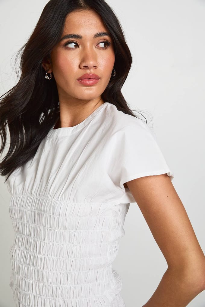 boohoo Dames Katoenen Poplin Top Met Smok | Wit | Maat: 40