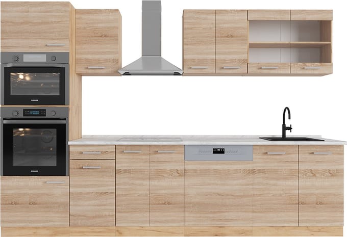 Vicco R-Line Complete keukeneenheid – 300 cm met hoge kast, WB Marmer Sonoma/Goudkraft eik