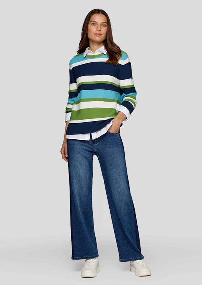 Tricot pullover met blokstrepen - turquoise / blauw / gebroken wit - Gr. 46 van Goldner Fashion