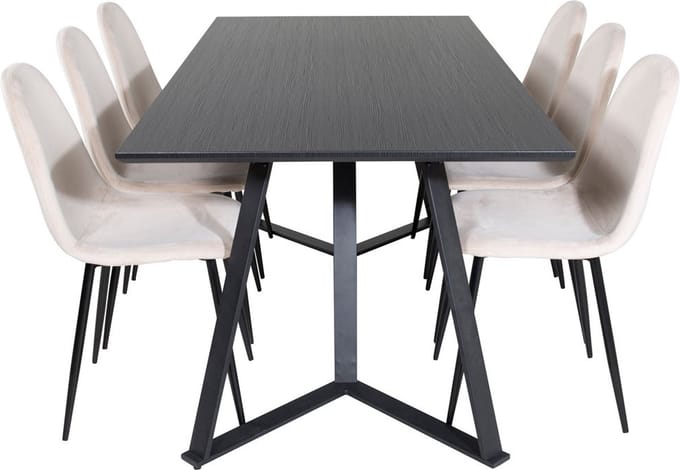 MarinaBLBL eethoek eetkamertafel zwart en 6 Polar eetkamerstal velours beige.