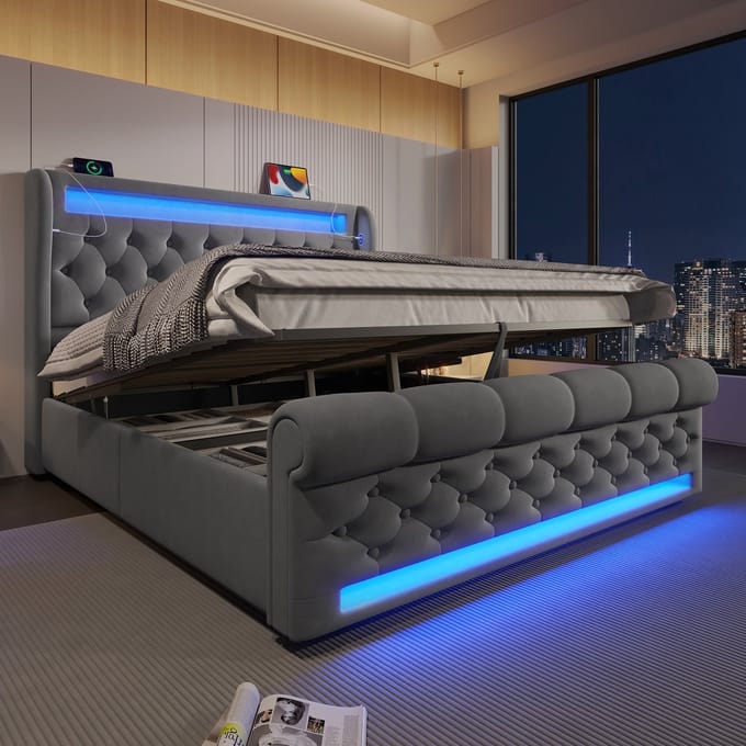 REDOM opbergbed 140x200 cm – Fluweel, LED, USB/Type-C, hydraulisch – Grijs – Matras inbegrepen
