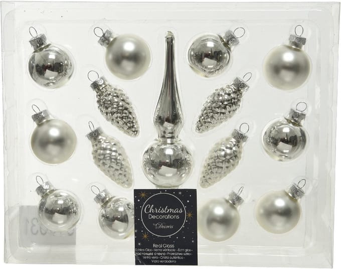 Decoris Mini kerstballen - 3 cm - met piek - 15 - zilver - glas - kerstversiering