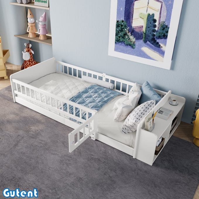 Gutent Houten kinderbed-90 x 200 cm-Pine-Open opbergkast-Hoogteplanken-Geen matras-Wit