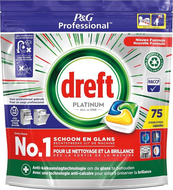 Dreft Platinum Lemon All in 1 Vaatwastabletten - 75 tabs - Voordeelverpakking 24 stuks
