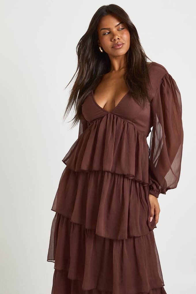 boohoo Dames Chiffon ruche midaxi jurk | Chocolate | Maat: 8