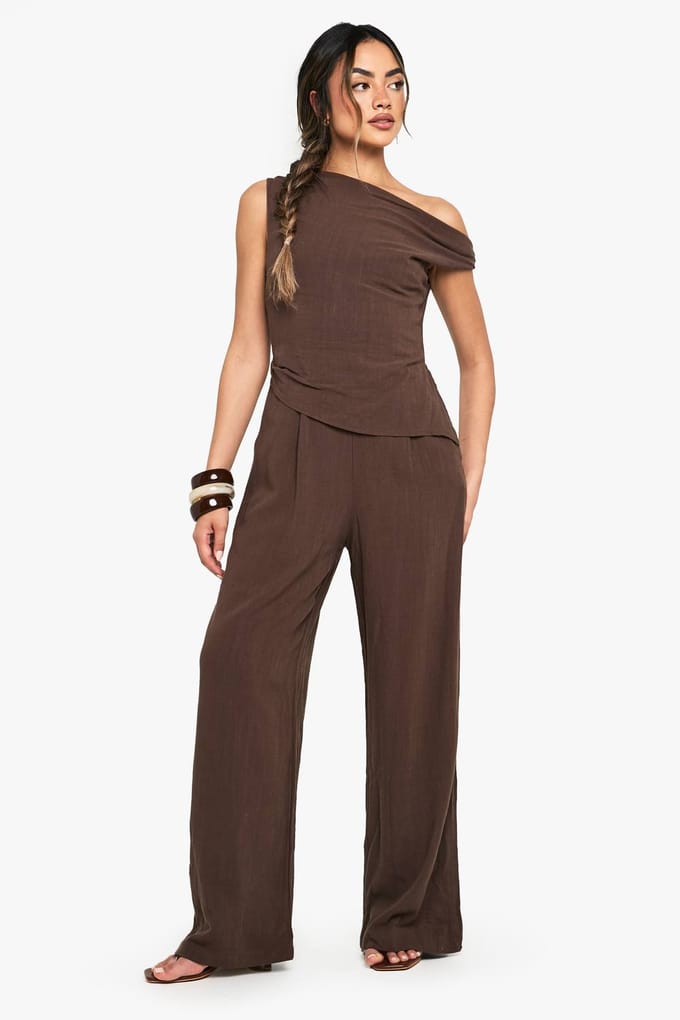 boohoo Dames Linnen Look Twist Strap Jumpsuit | Chocoladebruin | Maat: 38