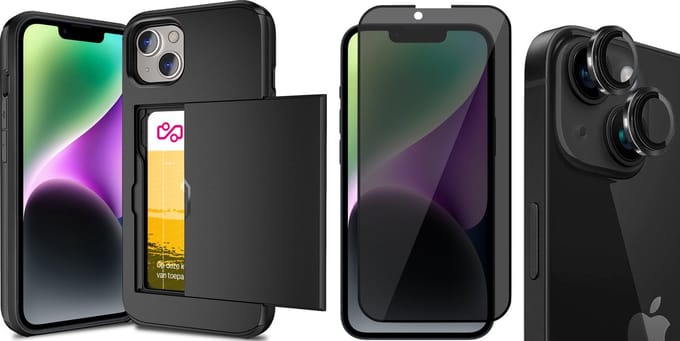 Hoesje met Pasjeshouder geschikt voor iPhone 15 Plus - Privacy Screenprotector FullGuard & Camera Lens Screen Protector Zwart - Back Cover SlideCase Zwart