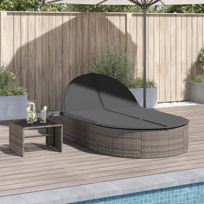 vidaXL - Ligbed - 2-persoons - met - kussens - poly - rattan - grijs