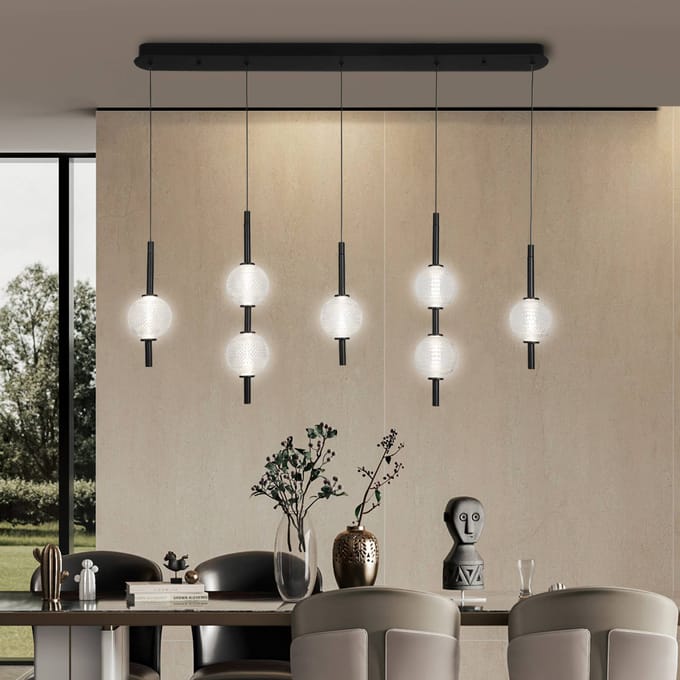 Viokef LED hanglamp Abeona, lengte 105 cm, zwart metaal, 7-lamps