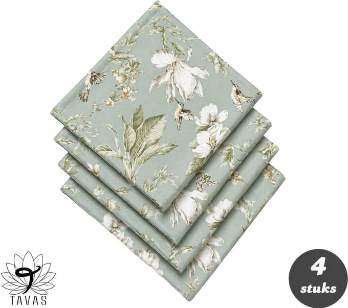 Tavas Servetten - 30 x 30 cm - Set van 4 stuks - Saliegroen - Vogeltuin - Katoen