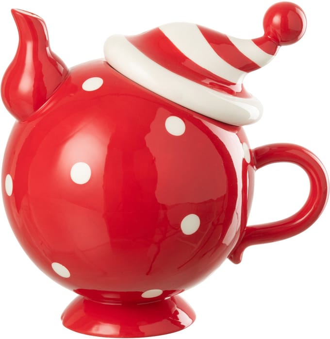 J-Line theepot Kerstmuts Dolomiet - keramiek - kerstrood/wit