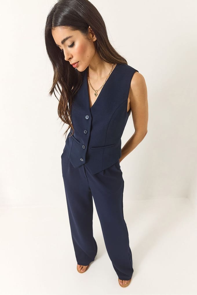 Gestructureerde V-hals Lange Co-Ord Set met Knopsluiting