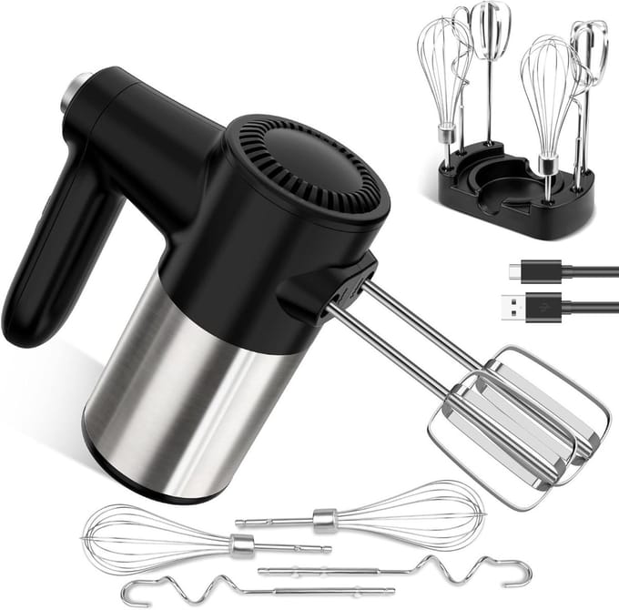 Wireless Hand Mixer, Digital Display, 7 Speeds, USB Rechargeable Electric Hand Mixer with 6 Stainless Steel Attachments, Whisk, Dough Hook and Base