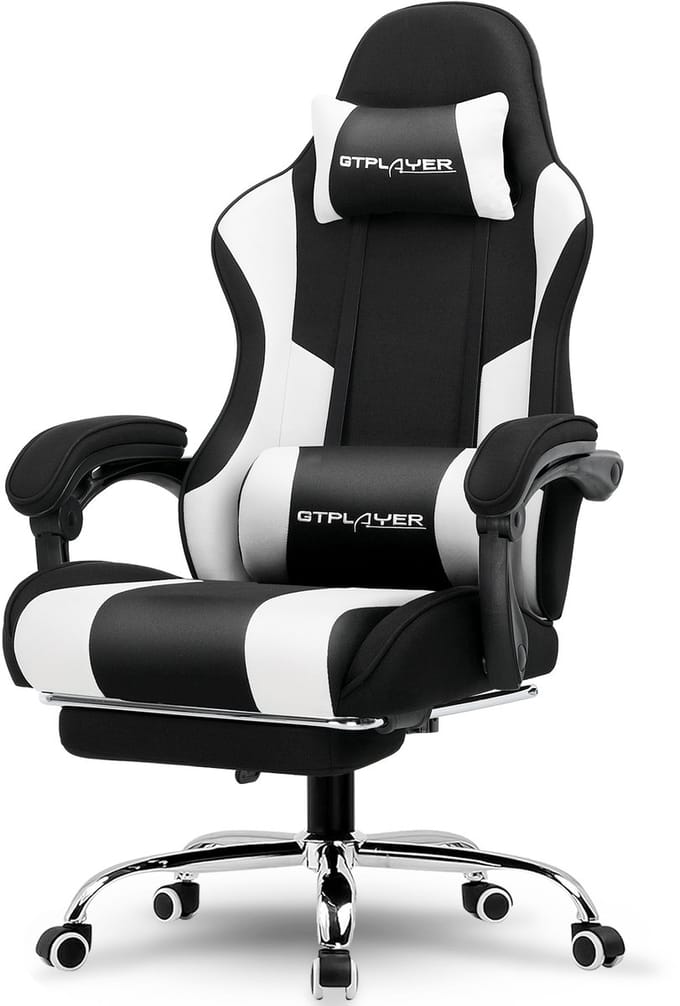 GTPLAYER Gamingstoel 135° verstelbaar, ergonomisch, met uitschuifbare voetsteun - Wit stof