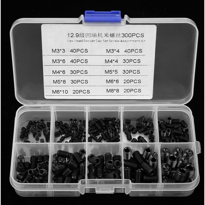 Set van 300 inbusbouten (M3, M4, M5, M6, M8) met doos.