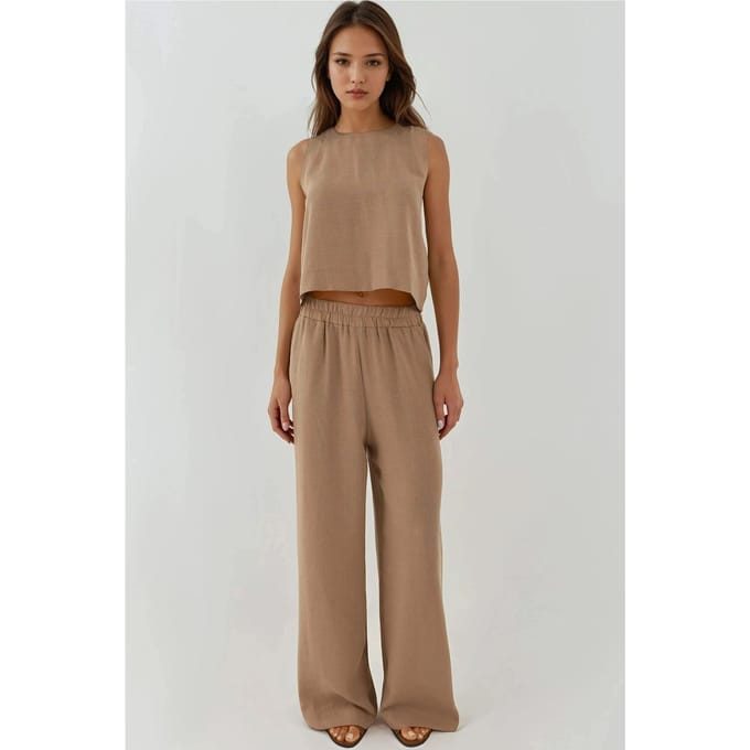 Linnenlook Blouse & Elastische Taille Broek Twee-delige Coördinatie Set
