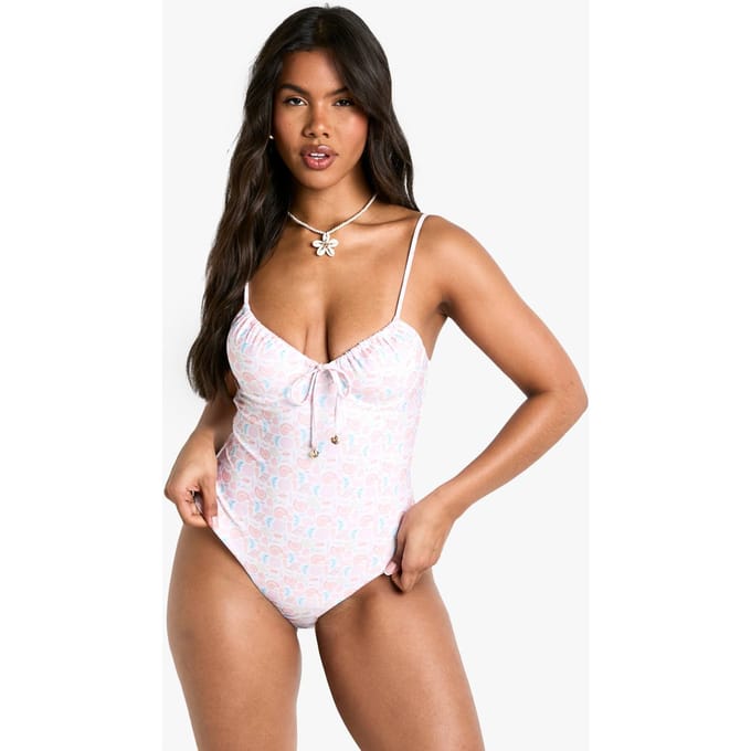 boohoo Dames Shell Print Pearl Trim Underwire Zwempak | Creme | Maat: 34