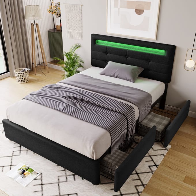 Bedframe 90x200 cm met LED-verlichting, 2 laden, verstelbare hoogte van het hoofdeinde en houten lattenbodem