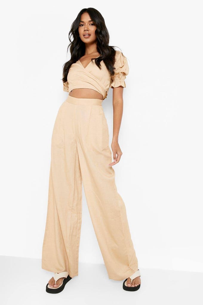 boohoo Dames Linnen Look Wrap Crop Top | Steen | Maat: 42