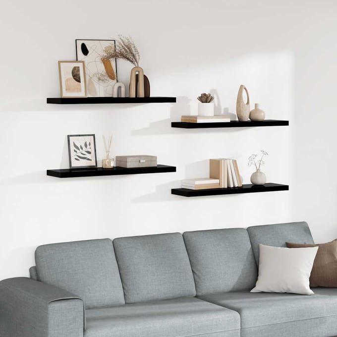 vidaXL - Wandschappen - zwevend - 4 - st - 90x23,5x3,8 - cm - MDF - hoogglans - zwart