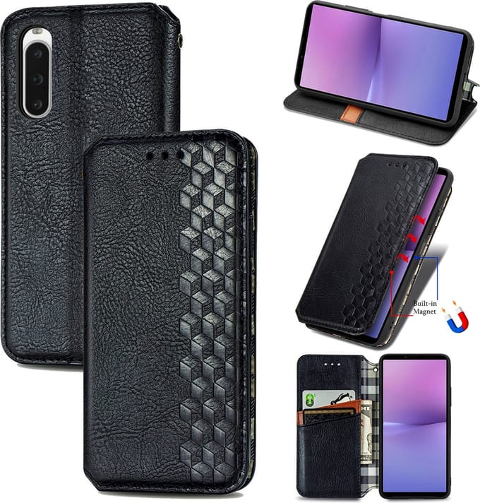 Luxe PU Lederen Ruitpatroon Wallet Case + Glas Screenprotector voor Sony Xperia 10 V _ Zwart
