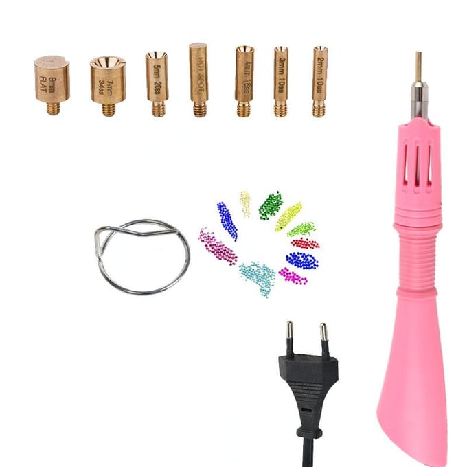 Snel verwarmde strass-hotfix-applicator, hittefix-tool, kledingdiamantboorpen met 7 tips roze