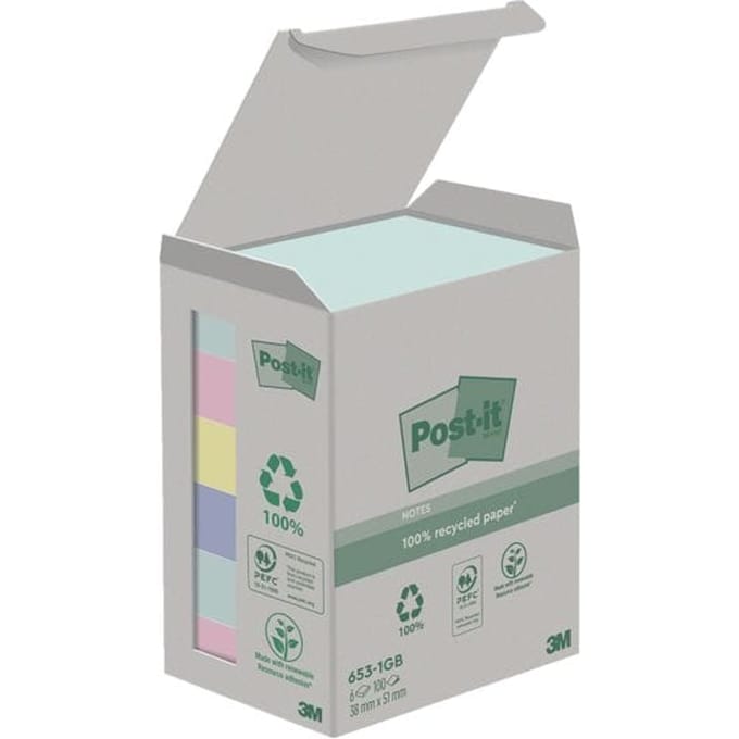 Post-it recycled notes Nature | 100 vel | ft 38 x 51 mm | pak van 6 blokken | geassorteerde kleuren