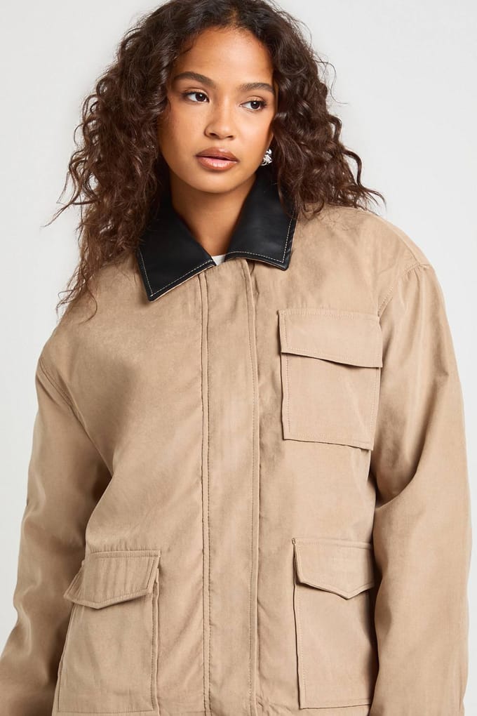 boohoo Dames Contrasterende kraag Oversized Schuurjas | Toffee | Maat: 10