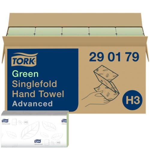 Handdoek tork h3 advanced singlefold 2-laags 248x230mm 15x250 vel groen 290179