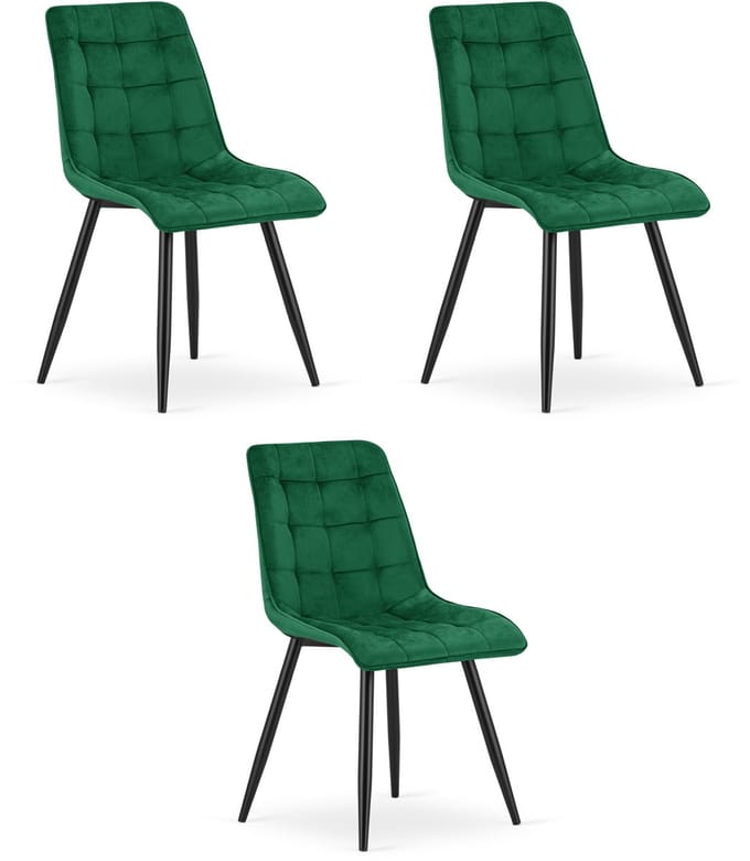 Set van 3 eetkamerstoelen SPLIT - Groen fluweel - Zwarte metalen poten - Modern design