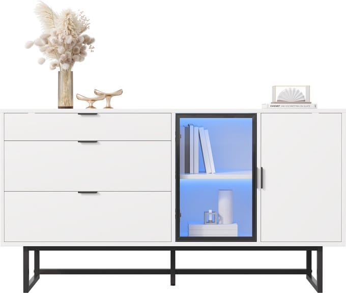 Dressoir - Met Glazen Deuren En 3 Laden LED Verlichting - Opbergkast - Hout - Wit