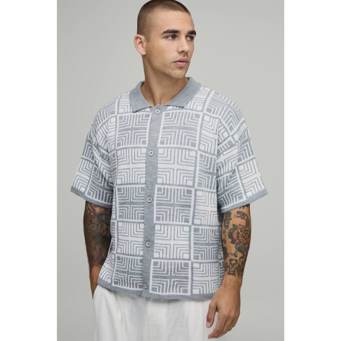 Boxy Fit Square Tapestry Button Up Knitted Shirt | Grey | Size Medium