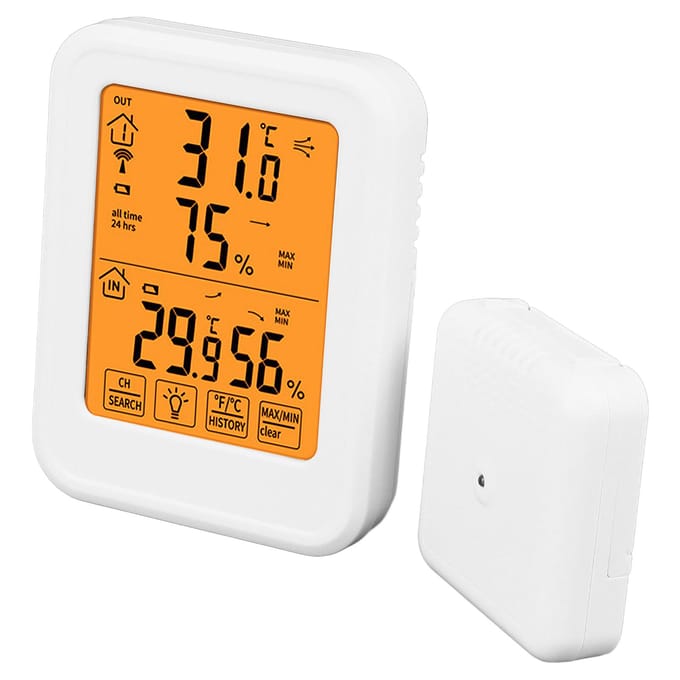 1 op 1 Draadloze Hygrometer Thermometer LCD Achtergrondverlichting Waterdicht Touchscreen Temperatuur Vochtigheid orange