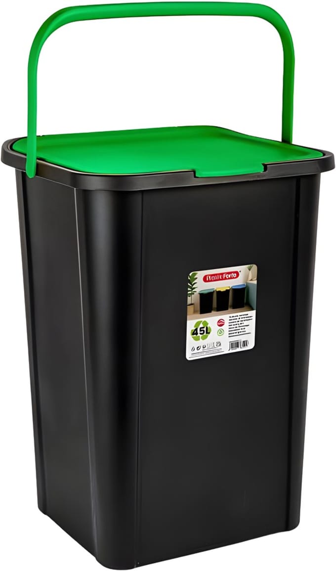 Plasticforte Recycling afvalbak - zwart/groen - 45 Liter - afsluitbaar - 34 x 40 x 54 cm - kunststof