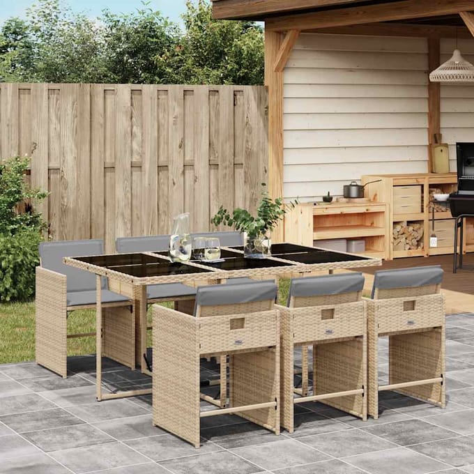 vidaXL - 7-delige - Tuinset - met - kussens - poly - rattan - gemengd - beige