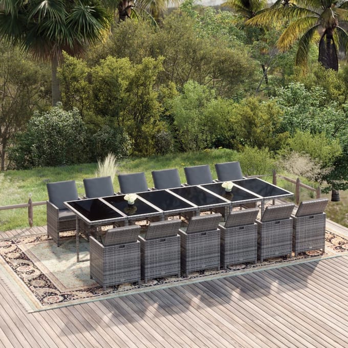 vidaXL - 13-delige - Tuinset - met - kussens - poly - rattan - grijs