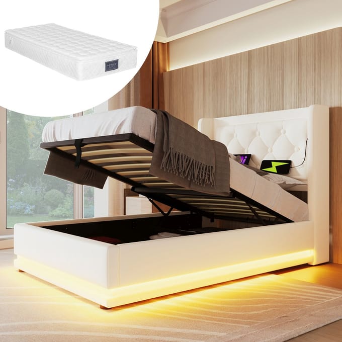 REDOM Opbergbed 90x200 cm – PU – Hydraulisch – 3-zijdige LED & USB/Type-C – Wit – 150 kg